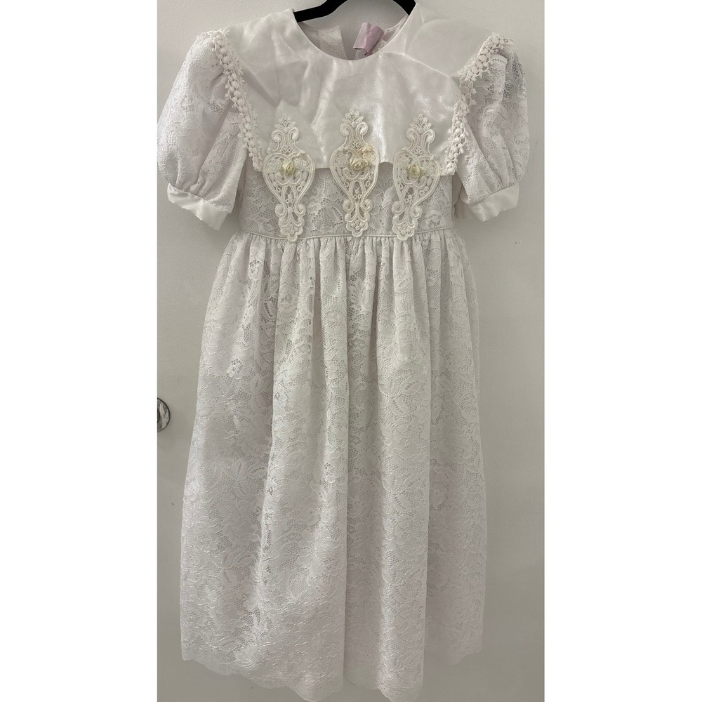 Vintage Lace Me Fancy White Lace Girls Dress Size 10 Puff Sleeve Belted Cottage